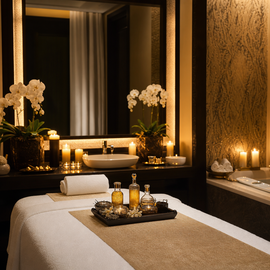 Elegant spa room with soft lighting and candles