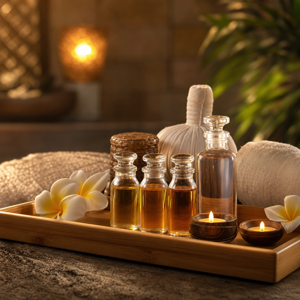Luxury massage oil and candle setup